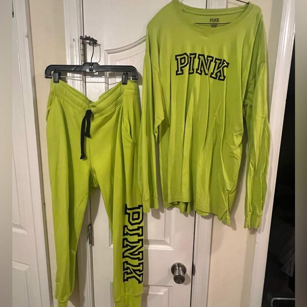 Neon green Pink brand joggers and matching long sleeve T